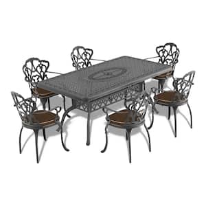 Lily Black 7-Piece Cast Aluminum Outdoor Dining Set with Rectangle Table and Dining Chairs with Random Color Cushion