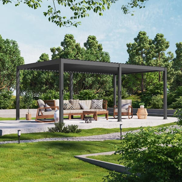 12 ft. x 20 ft. Modern Aluminum Frame Pergola for Outdoor Garden with Adjustable Louvered Roof, Charcoal Gray
