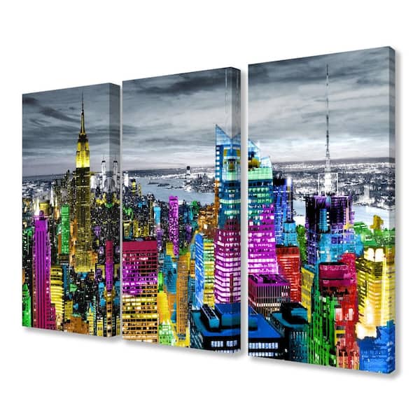 Stupell Industries 16 in. x 24 in. "Rainbow Colorful City Lights Rooftop Skyline" by Artist Carly Ames Canvas Wall Art(3Pieces)