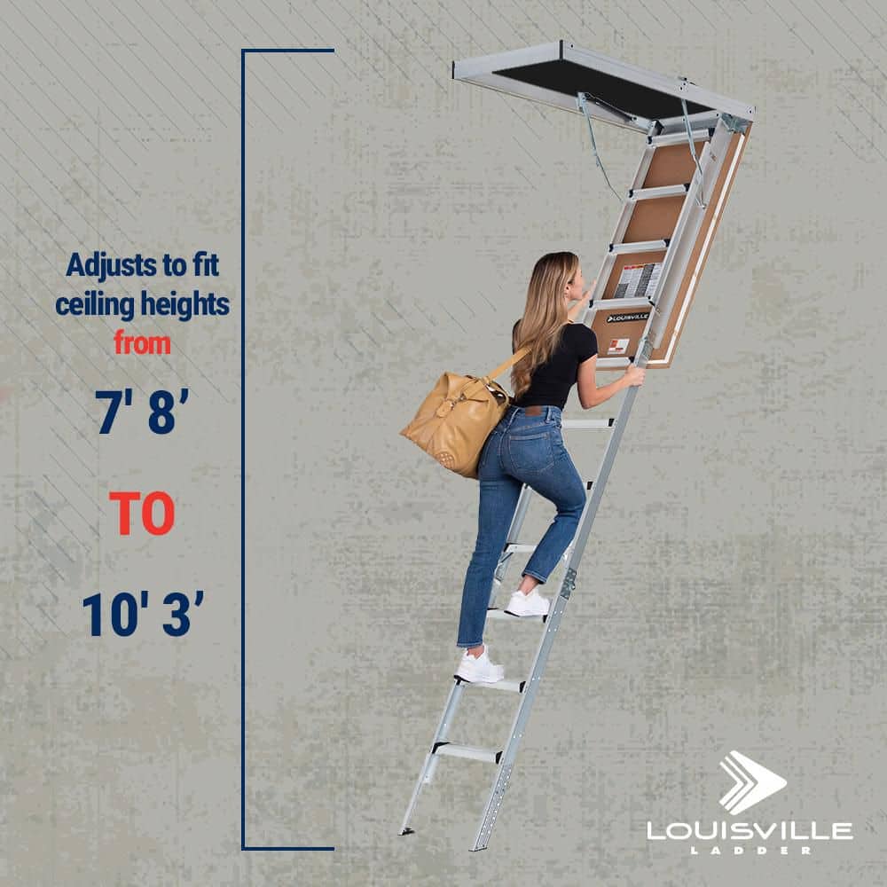 Condition photo showing New/Like New for louisville ladder energy efficient 7 ft. 8 in. to 10 ft. 3 in., 25.5 in. x 54 in. insulated aluminum attic ladder, 375 lbs. load capacity