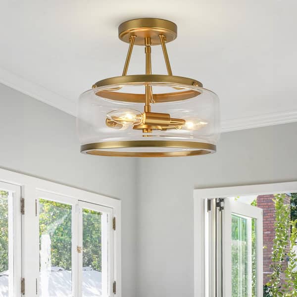 Kost 3-Light 11.8 in. Gold Semi Flush Mount Ceiling Light with Glass Shade