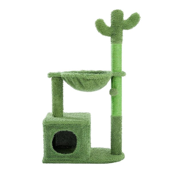 cenadinz Cactus Cat Tree Condo 39.4 in. with Hammock Perch Cat Sisal Scratching Post for Indoor Kitty Medium Cats Green