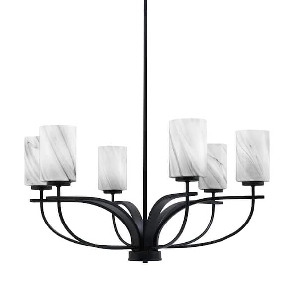 Unbranded Olympia 6-Light Matte Black Round Chandelier with 4 in. Onyx Swirl Glass Shades, No bulbs included