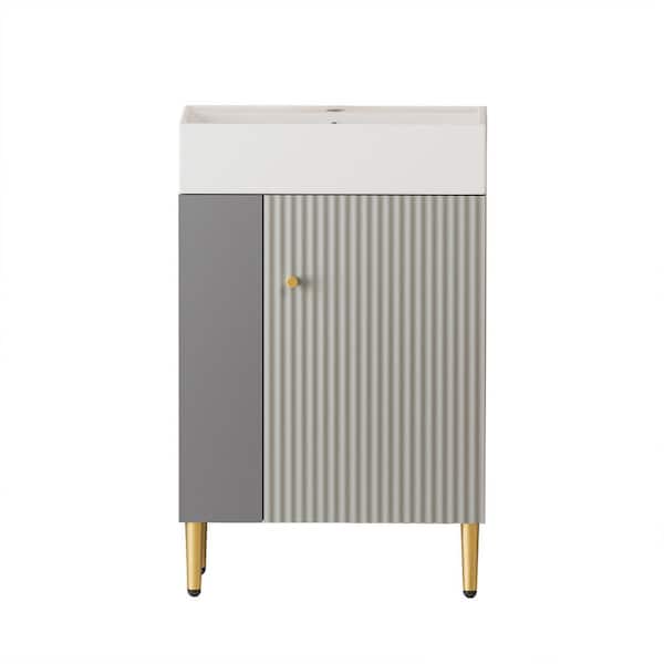 21.6 in. Single Sink Freestanding Matte Gray Bath Vanity with White Ceramic Top and Left Side Open Shelf Unassembled