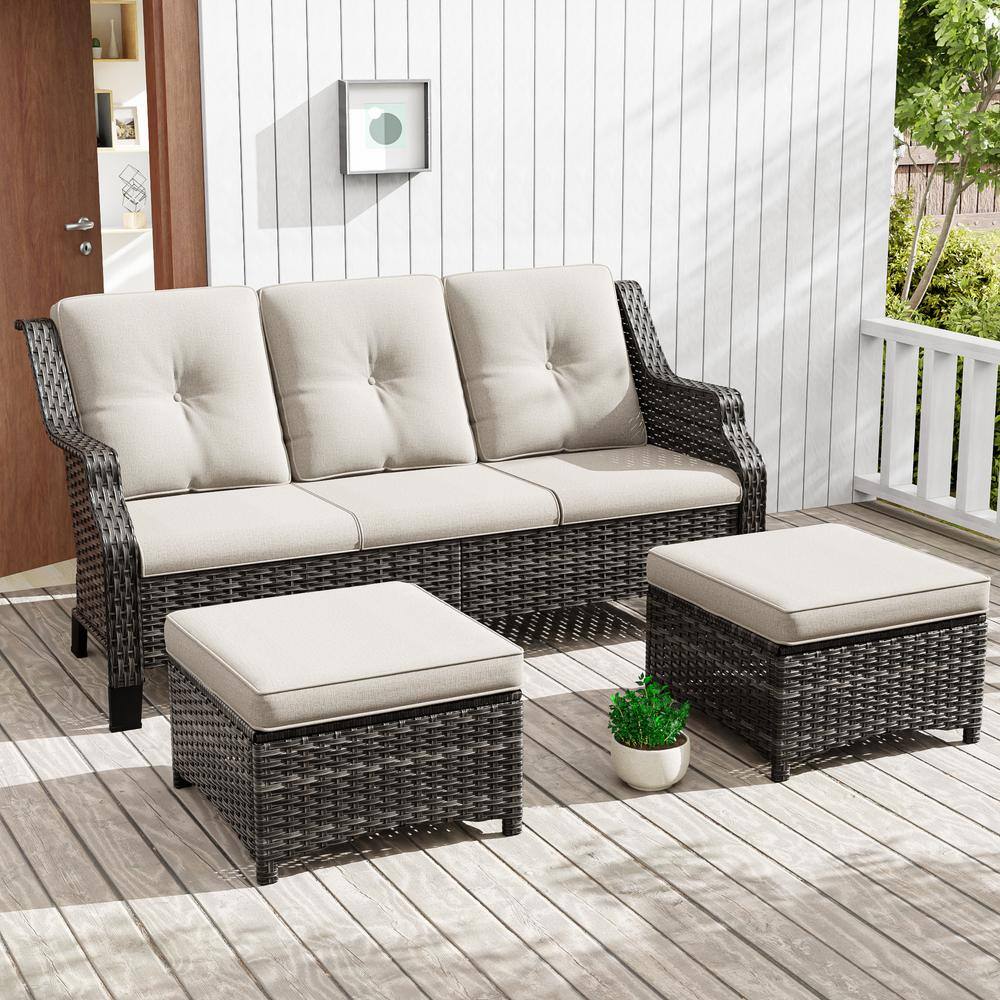 Wicker Outdoor Patio Sofa Sectional Set with Beige Cushions and Ottoman