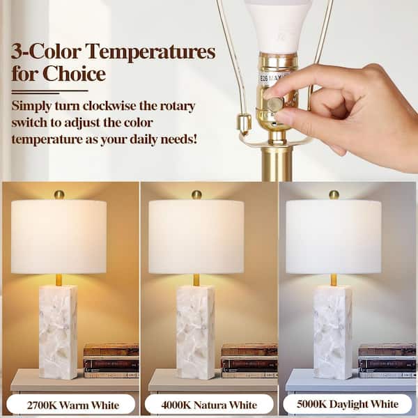 26.5 in. Square Marble Table Lamp with White Linen Shade, Rotary Switch & Included LED Bulb, Gold Accents