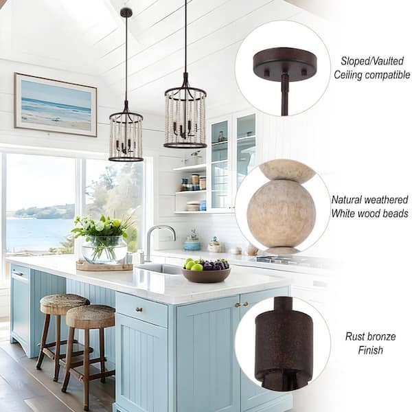 12.6 in. 4-Light Farmhouse Rustic Bronze Dining Room Chandelier with Wood Beads, Transitional Kitchen Island Chandelier
