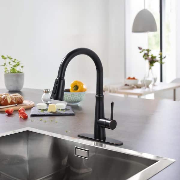 Single Handle Pull-Down Sprayer Kitchen Faucet Stainless Steel with Deckplate Included in Oil Rubbed Bronze