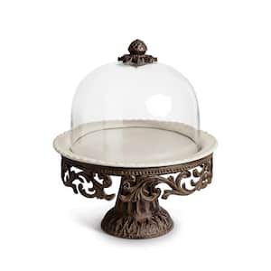 Glass Domed Cake Pedestal With Acanthus Leaf Ornate Brown Metal Base and Cream Ceramic Plate
