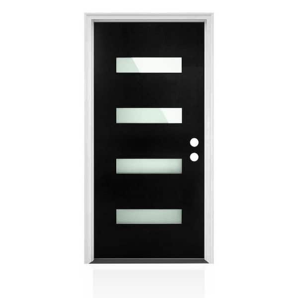 36 in. x 80 in. Left-Hand 4 Lite Frosted Glass Black Modern Prehung Exterior Fiberglass Front Door with Brickmould