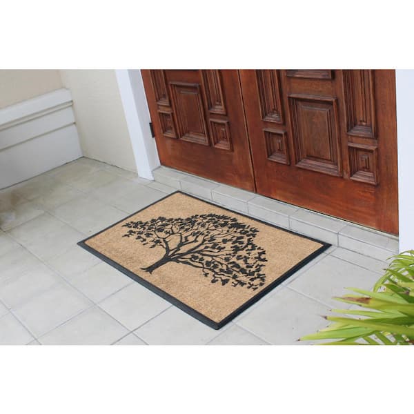 A1HC Flocked Hand-Crafted Life of Tree Black/Beige 30 in. x 48 in. Rubber Coir Double Doormat
