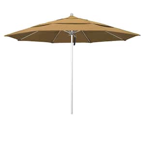 11 ft. Silver Aluminum Commercial Market Patio Umbrella with Fiberglass Ribs and Pulley Lift in Straw Olefin