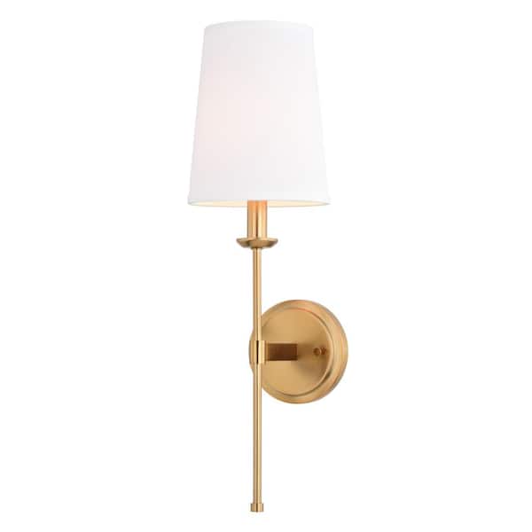 Camden 6 in. W 1-Light Gold Natural Brass Wall Sconce Fixture White Linen Fabric Shade, LED Compatible