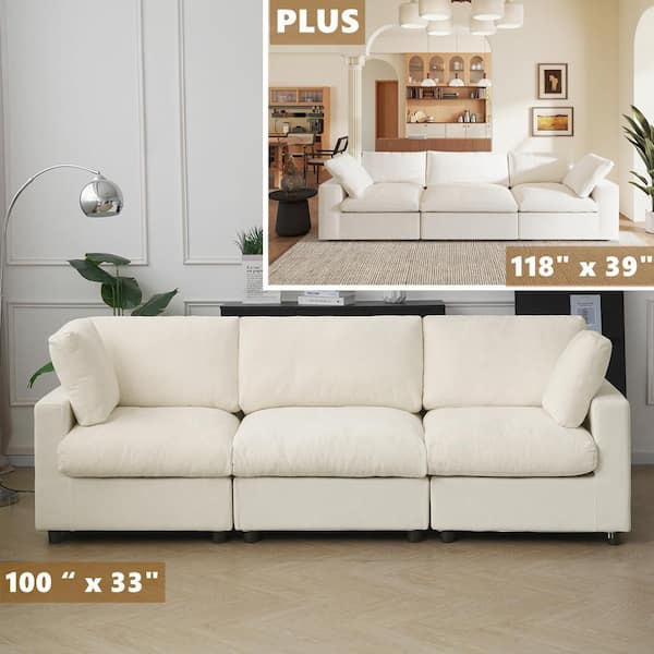 Cloud Couch 101 in. Square Arm Chenille Modular Sofa Convertible 3-Seater with Washable Covers for Apartment in Beige