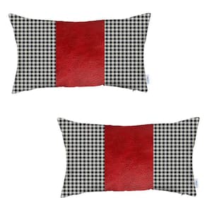 Boho-Chic Handcrafted Vegan Faux Leather Black and Red 12 in. x 20 in. Lumbar Houndstooth Throw Pillow Cover Set of 2