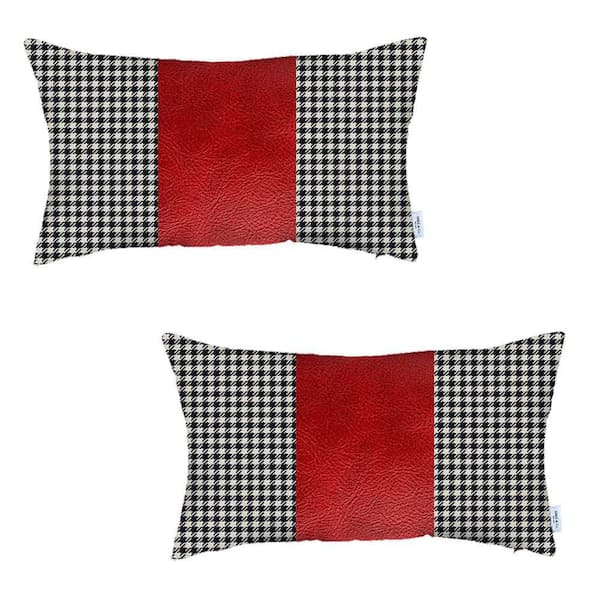 MIKE & Co. NEW YORK Boho-Chic Handcrafted Vegan Faux Leather Black and Red 12 in. x 20 in. Lumbar Houndstooth Throw Pillow Cover Set of 2