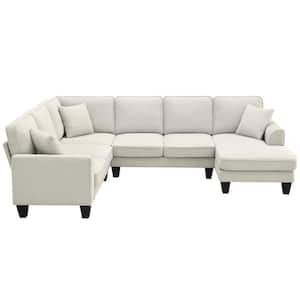 Modern 108 in. Square Arm Polyester U-Shape 7-Seat Sectional Sofa Set in Beige with 3-Pillows Included