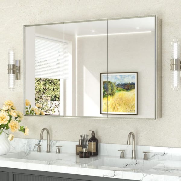 48 in. W x 32 in. H Rectangular Aluminum Medicine Cabinet with Mirror in Brushed Nickel