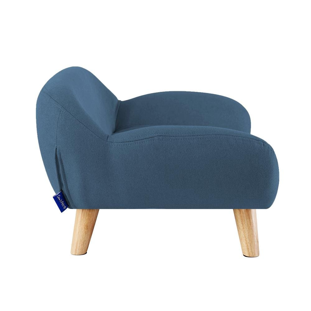 Small Blue Fabric Elevated Pet Sofa with Wooden Legs