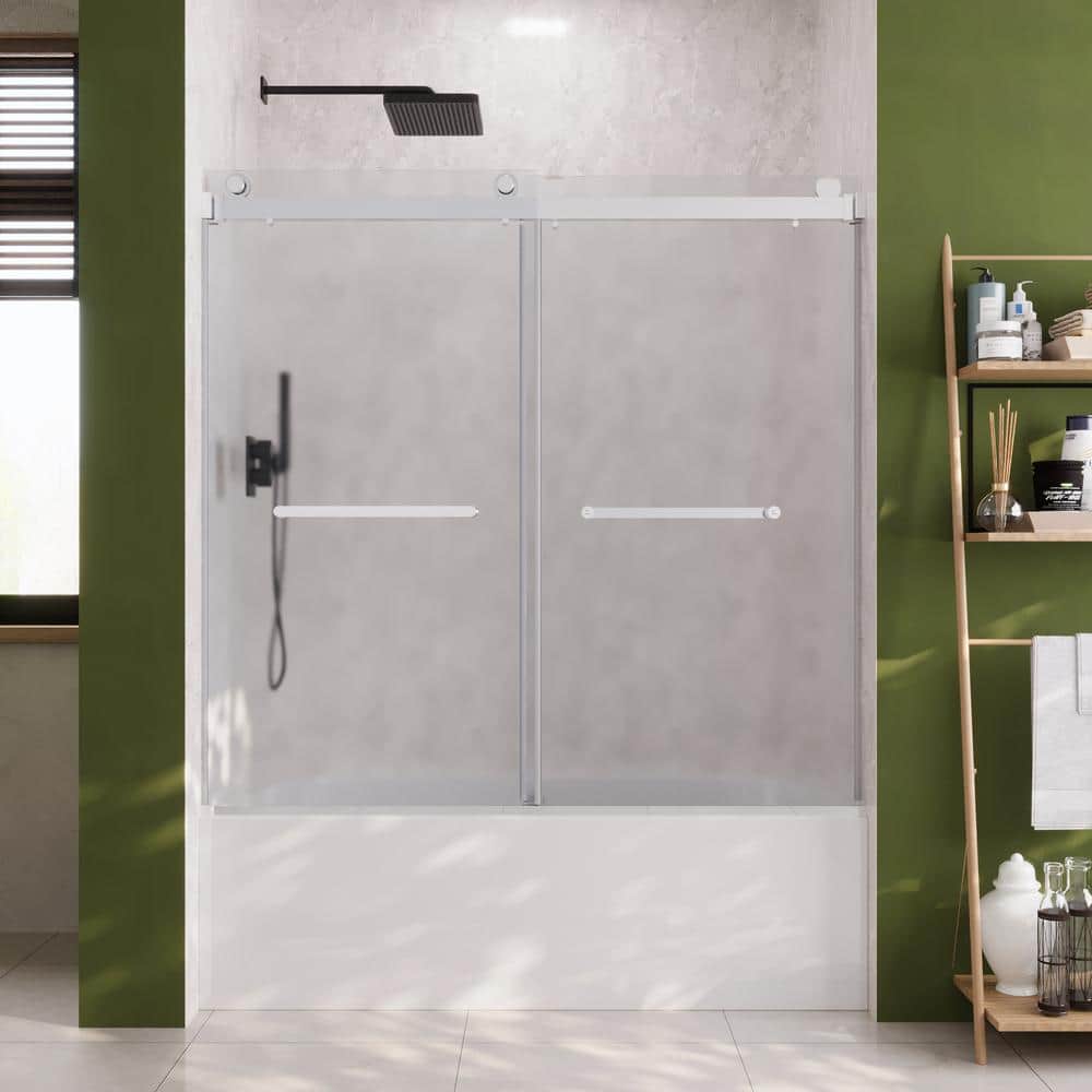 Chrome Double Sliding Frameless Bathtub Shower Door with Frosted Glass