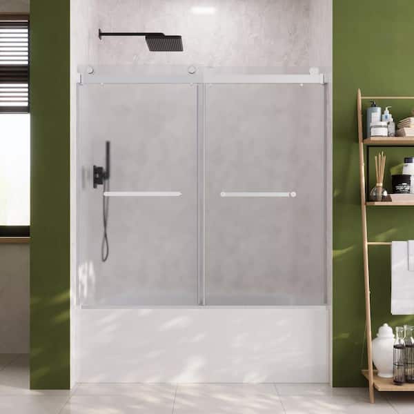 DEERVALLEY 58-60 in. W x 62 in. H Double Sliding Frameless Bathtub Door in Chrome with 3/8 in. (10 mm) Frosted Glass