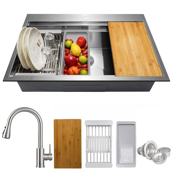 Handmade All-in-One 30 in. x 22 in. Drop-in Single Bowl Stainless Steel Workstation Kitchen Sink with Pull-down Faucet