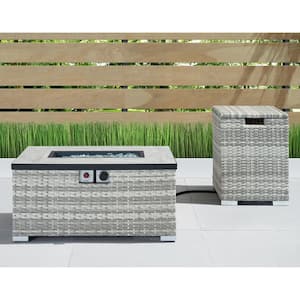 Cheyenne 32 in. x 16 in. Rectangular Wicker Propane Fire Pit Table in Grey with Propane Storage and Protective Cover