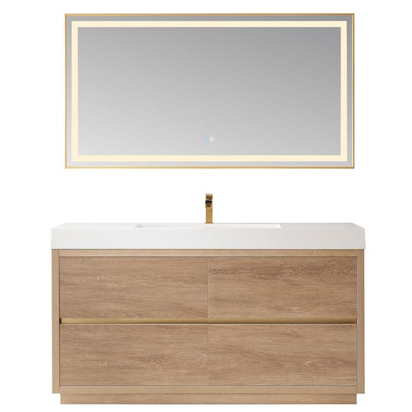 Palencia 60 in. W x 20 in. D x 33.9 in. H Single Sink Bath Vanity in N. American Oak with White Composite Top and Mirror