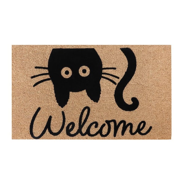 A1HC Cat Welcome 24 in. x 36 in. Natural Coir Heavy Duty Non Slip PVC Backing Outdoor Welcome Mat