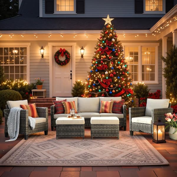 OVIOS New Vultros Gray 5-Piece Wicker Outdoor Patio Conversation Seating Set with Beige Cushions