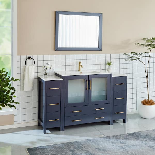 Brescia 60 in. W x 18 in. D x 36 in. H Single Sink Bathroom Vanity in Blue with White Ceramic Top and Mirror