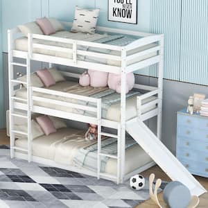 White Wood Triple Bunk Bed with Slide, Twin Over Twin Over Twin Adjustable Separable Beds with Ladder for 3 Peoples