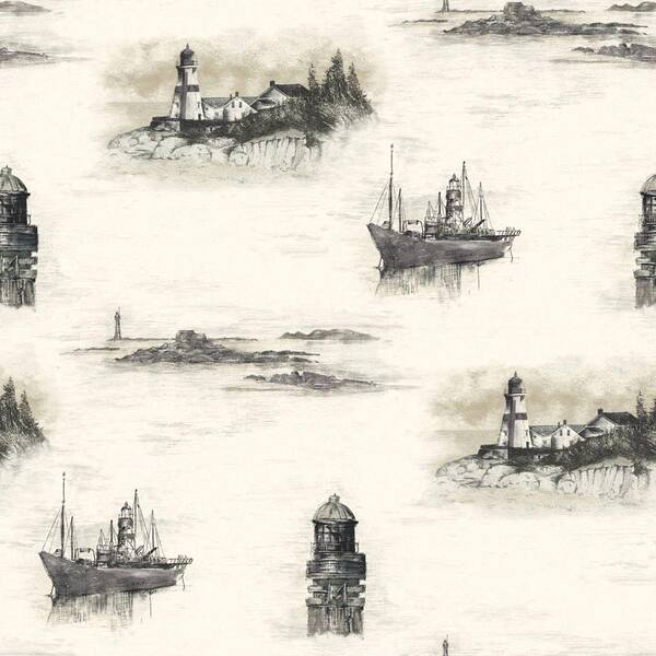 The Wallpaper Company 56 sq. ft. Black and Beige Coastal Lighthouses Wallpaper