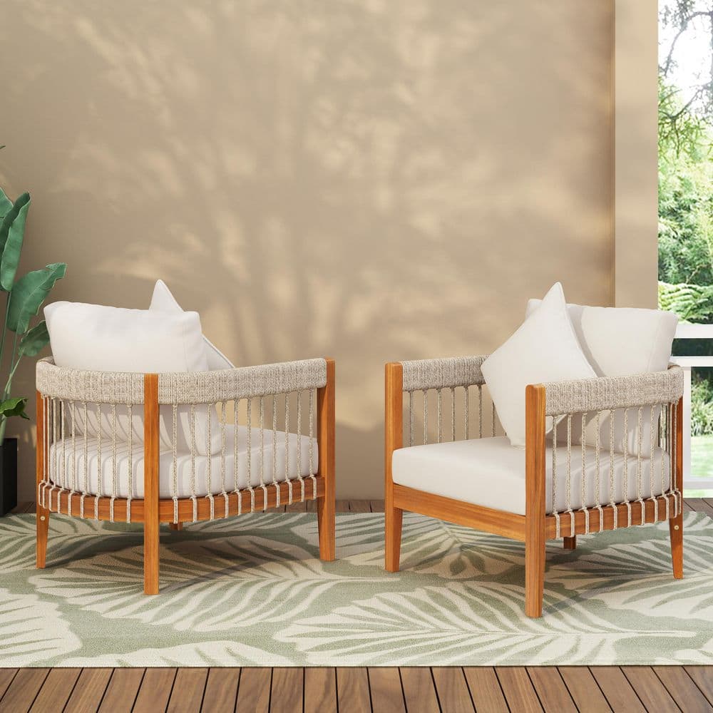 Francisco Natural Finish Solid Wood and Woven Rope Patio Outdoor Lounge Chair with Beige Cushions, Pillows, Set of 2