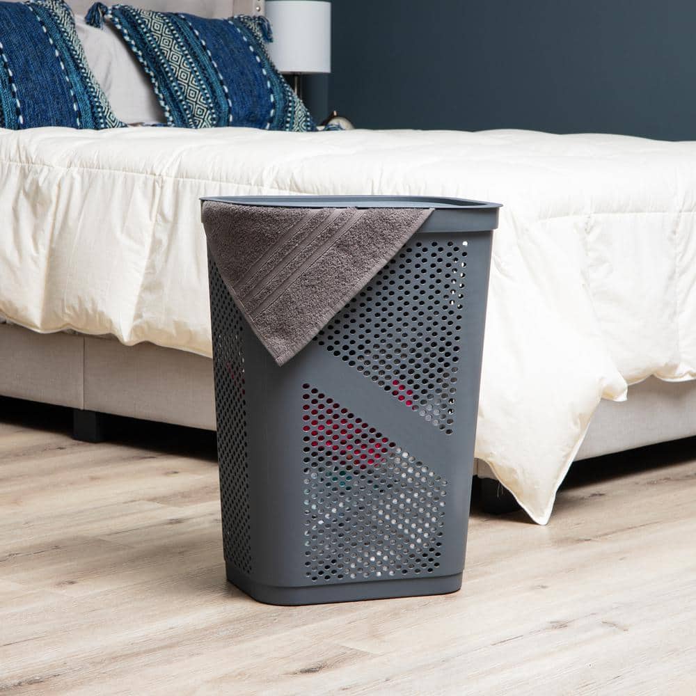 Gray Perforated Plastic Collapsible Laundry Hamper with Lid