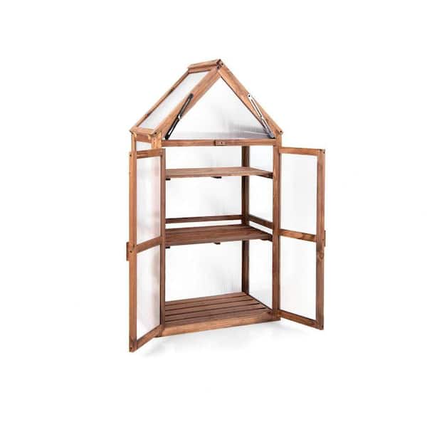 28 in. W x 16 in. D x 52.5 in. H Cold Frame Mini Wooden Greenhouse with Openable Doors, Tilted Roof, 3 Removable Shelves