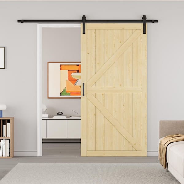 42 in. x 84 in. Paneled K Shape Solid Pine Wood Unfished Barn Door Slab with Installation Hardware Kit and Soft Close