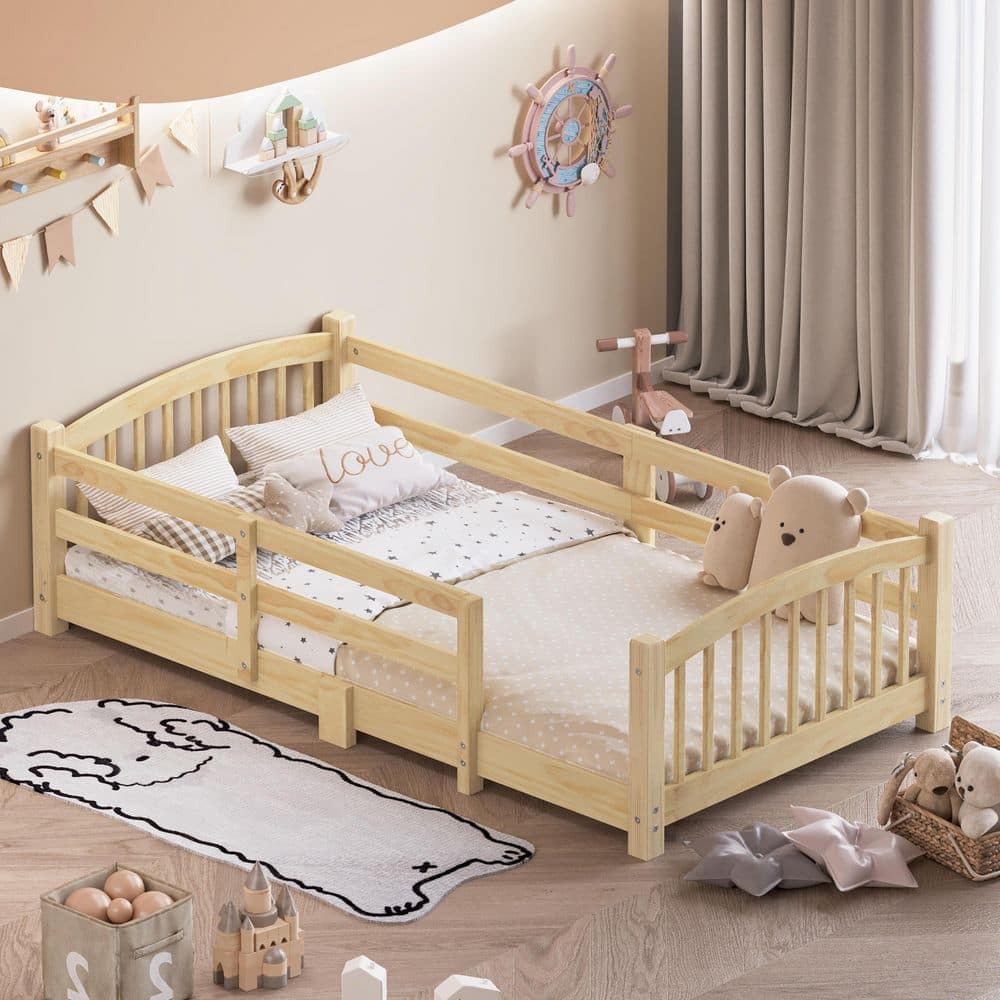 Natural/Yellow Wood Frame Twin Platform Bed with Fence, Slats and Safety Guardrails price history on PriceWatchPro