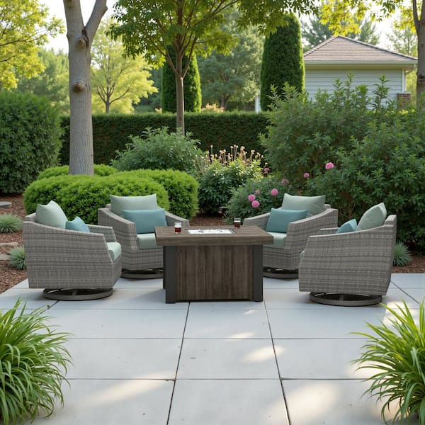 Cannes 5-Piece Wicker Motion Patio Fire Pit Conversation Set with Sunbrella Spa Blue Cushions
