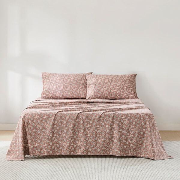 Zara Floral Block Cotton 4-Piece Set Terracotta Cottage Cotton Queen Sheet Set