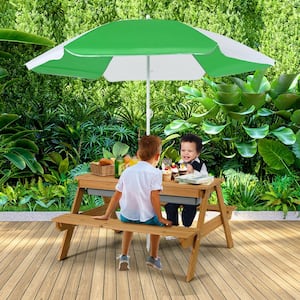 3-in-1 Kids Outdoor Picnic Water Sand Table with Umbrella Play Boxes-Green