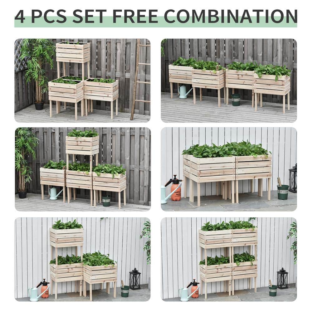 Natural Fir Wood 4-Piece Raised Garden Bed Planter Set
