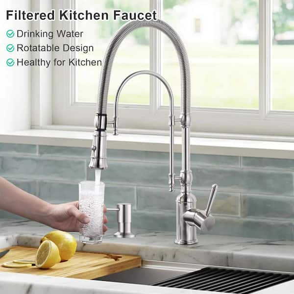 Single Handle Pull Down Sprayer Kitchen Faucet Solid Brass with Soap Dispenser in Brushed Nickel