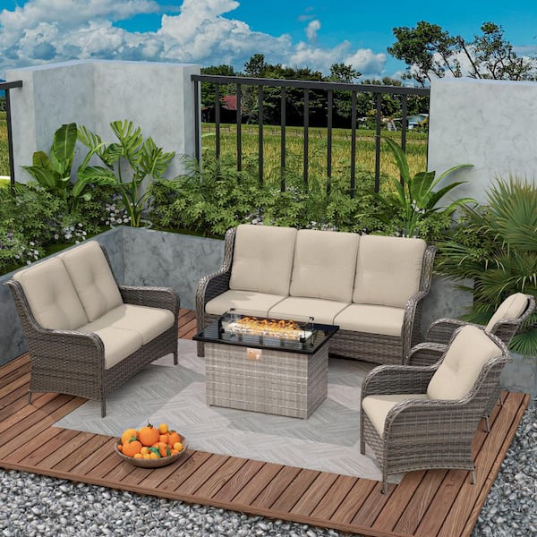 MeetLeisure 5-Piece Wicker Outdoor Patio Conversation Set with Beige Cushions and Rectangular Fire Pit Table