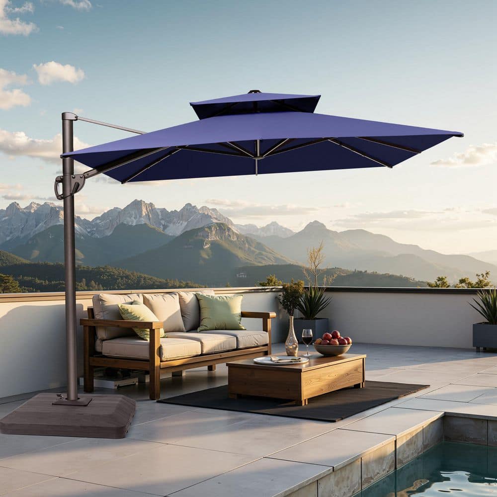 11 ft. x 9 ft. Patio Cantilever Umbrella with 240 lb. Brown Outdoor Umbrella Base Aluminum Offset Umbrella in Navy Blue price history on PriceWatchPro