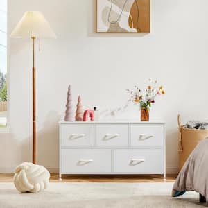 Modern White 5 Drawer 11.8 in. Wide Chest of Drawers with Fabric Bin, Steel Frame, Wood Top for Bedroom, Entryway