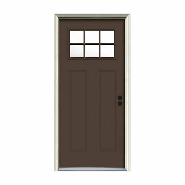 JELD-WEN 34 in. x 80 in. 6 Lite Craftsman Dark Chocolate Painted Steel Prehung Left-Hand Inswing Front Door w/Brickmould