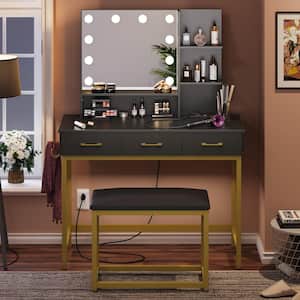 3-Drawers Black Wood LED Light Makeup Vanity Sets with Hooks and Bulid-in Outlets