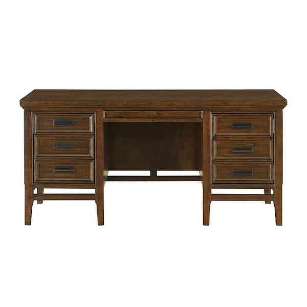 EVERGLADE HOME Toddrick 62.25 in. Rectangular Brown Cherry Wood Executive Desk with Drawer and Cabinet