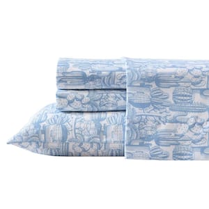 Cactus Toile 4-Piece Blue Microfiber King Sheet Set